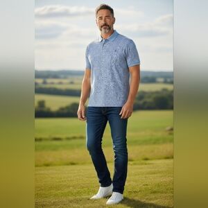 Polo Ralph Lauren -NWOT, Sky Blue Paisley Polo Shirt Blue Label, Side Slits, XXL